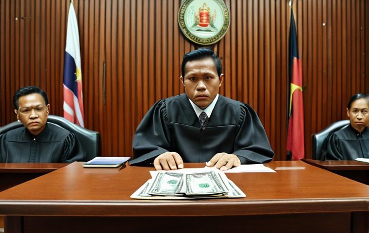 **Image Prompt 1: Money Judgment - Court Scene**
A Malaysian courtroom scene. A judge is delivering a verdict ordering a debtor to pay a creditor. Focus on the legal documents and the expressions of relief and concern on the faces of those involved. The Malaysian Ringgit (MYR) symbol should be subtly visible, perhaps on a document. Overall, the mood is serious and legally formal.