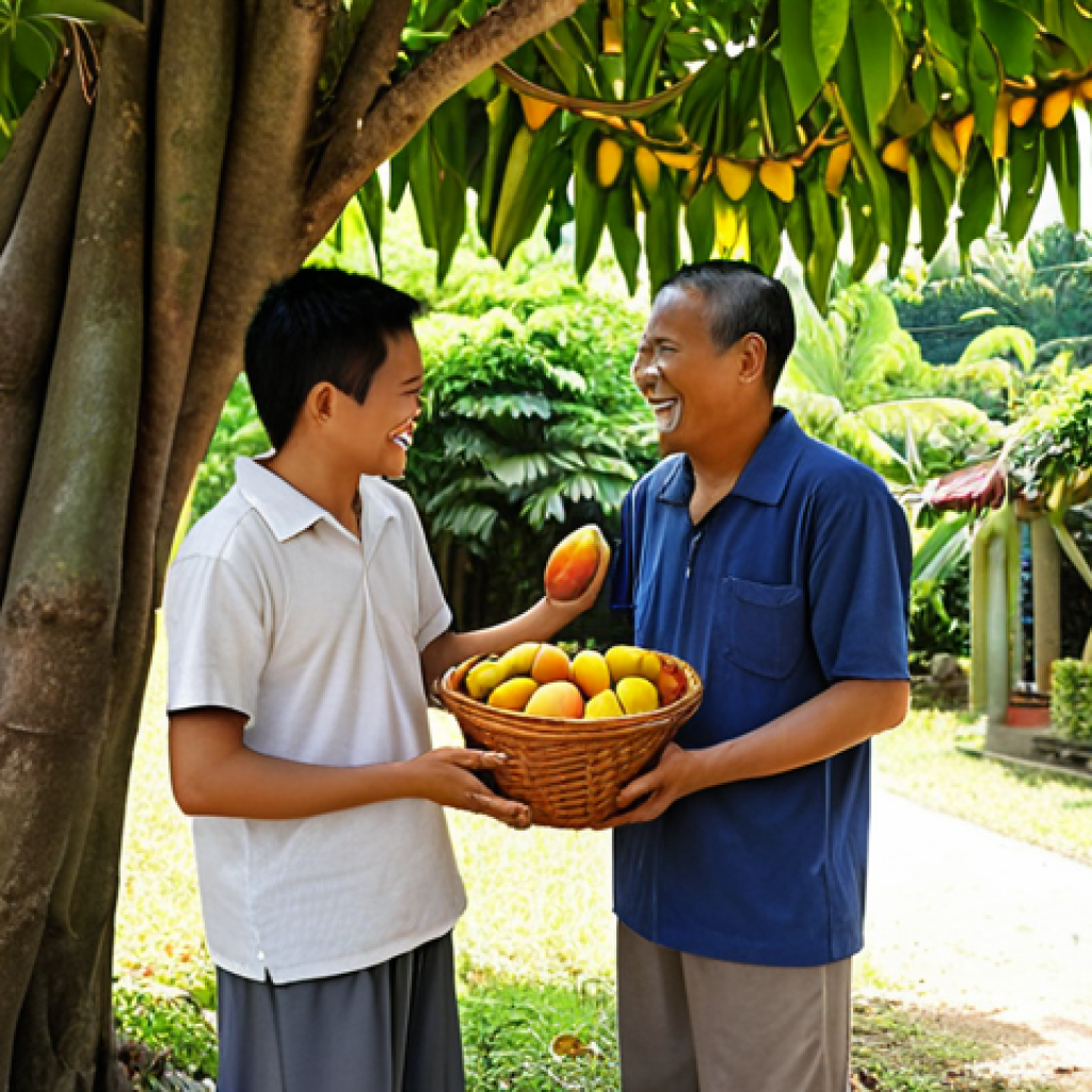 **

Prompt: A friendly neighborhood scene in Malaysia, two neighbors smiling and shaking hands near a lush mango tree laden with fruit. One neighbor is holding a basket filled with mangoes. The scene represents successful mediation over a minor dispute. Bright, sunny day. Malaysian setting.

**