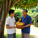 **

Prompt: A friendly neighborhood scene in Malaysia, two neighbors smiling and shaking hands near a lush mango tree laden with fruit. One neighbor is holding a basket filled with mangoes. The scene represents successful mediation over a minor dispute. Bright, sunny day. Malaysian setting.

**
