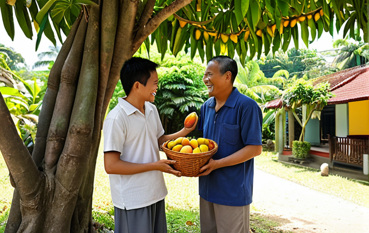 **
Prompt: A friendly neighborhood scene in Malaysia, two neighbors smiling and shaking hands near a lush mango tree laden with fruit. One neighbor is holding a basket filled with mangoes. The scene represents successful mediation over a minor dispute. Bright, sunny day. Malaysian setting.
**